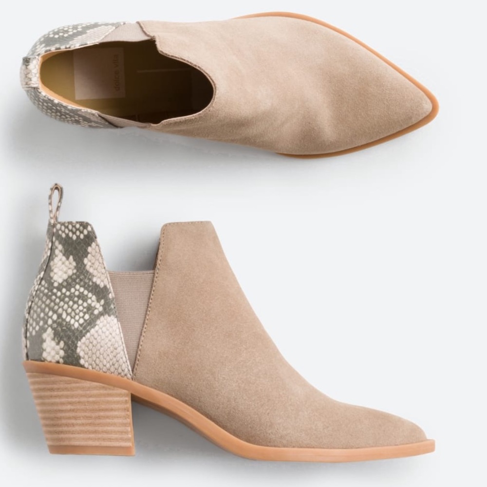 Suede snakeskin print beige bootie